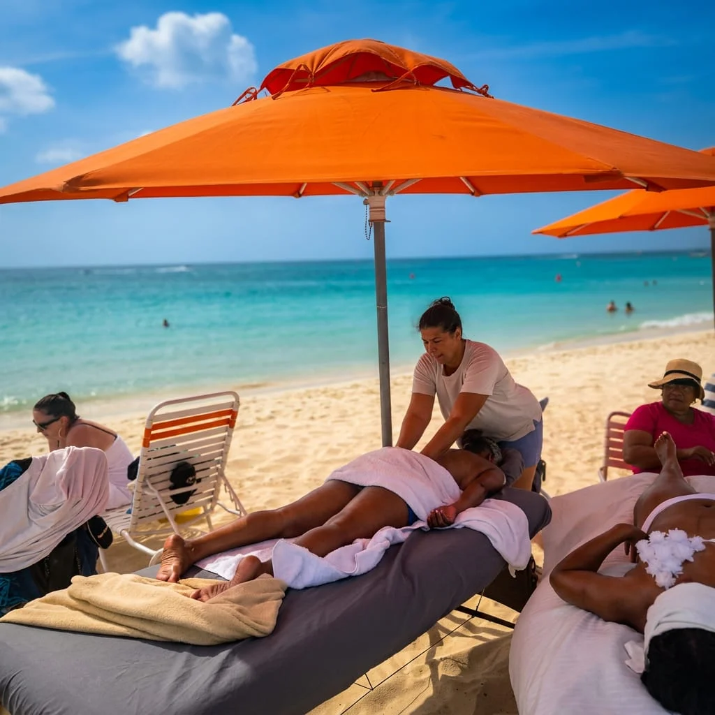 Therapist giving a beach massage beside the turquoise sea in Aruba