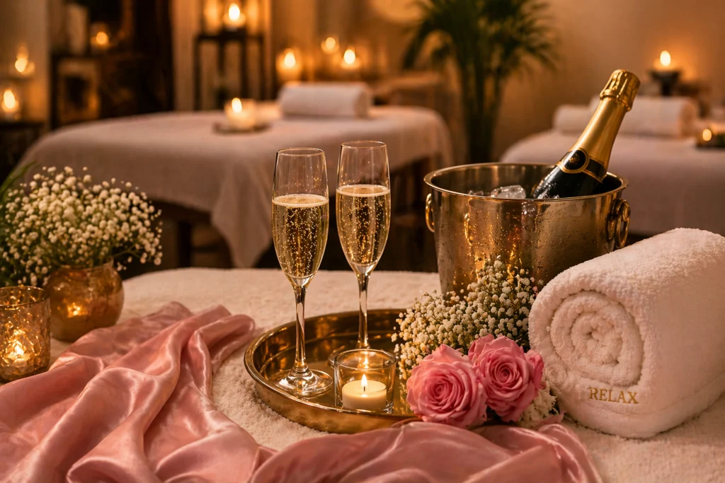 Champagne and spa towels prepared for a bachelorette spa party