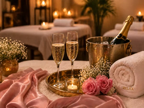 Champagne, towels and flowers prepared for a private spa party