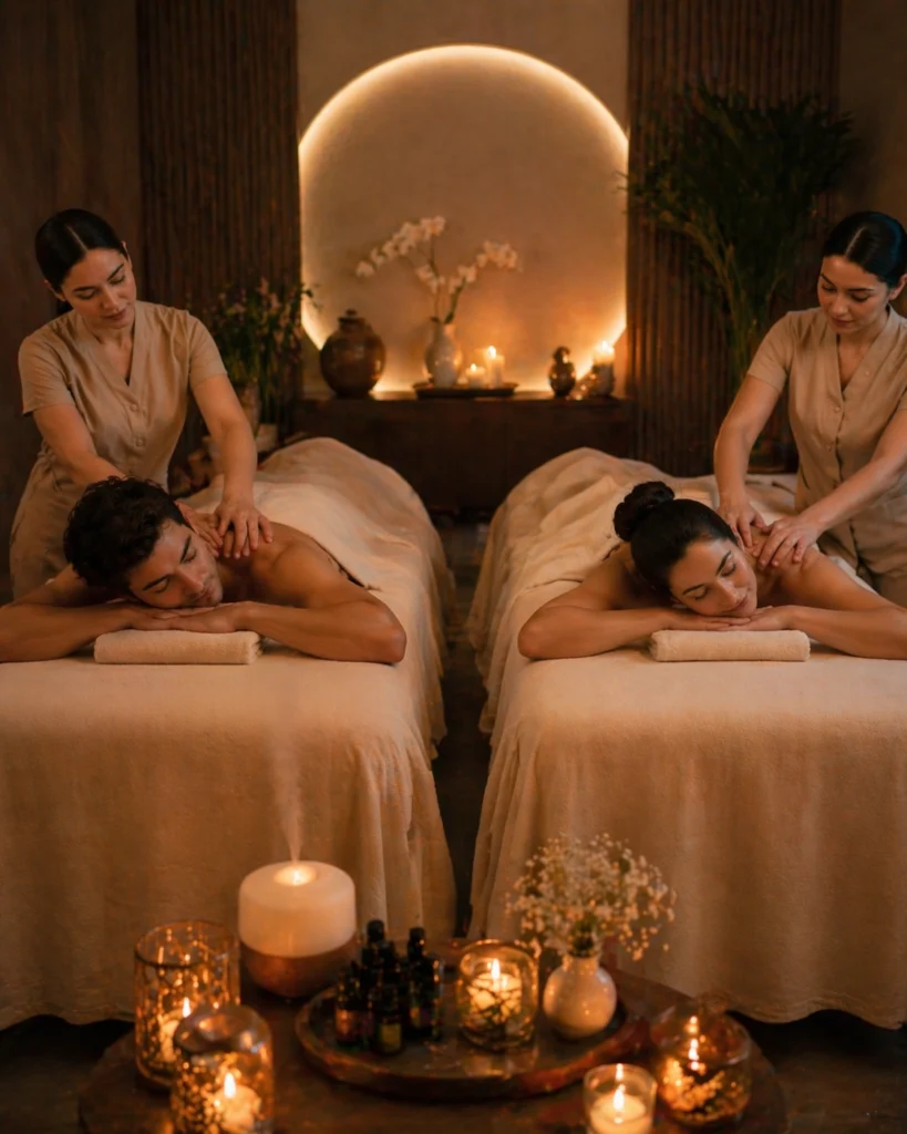 Two massage tables set side by side for a couples massage