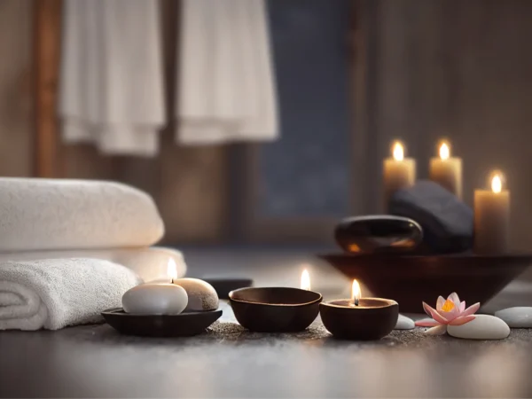 Candles, towels and spa accessories arranged for a celebration