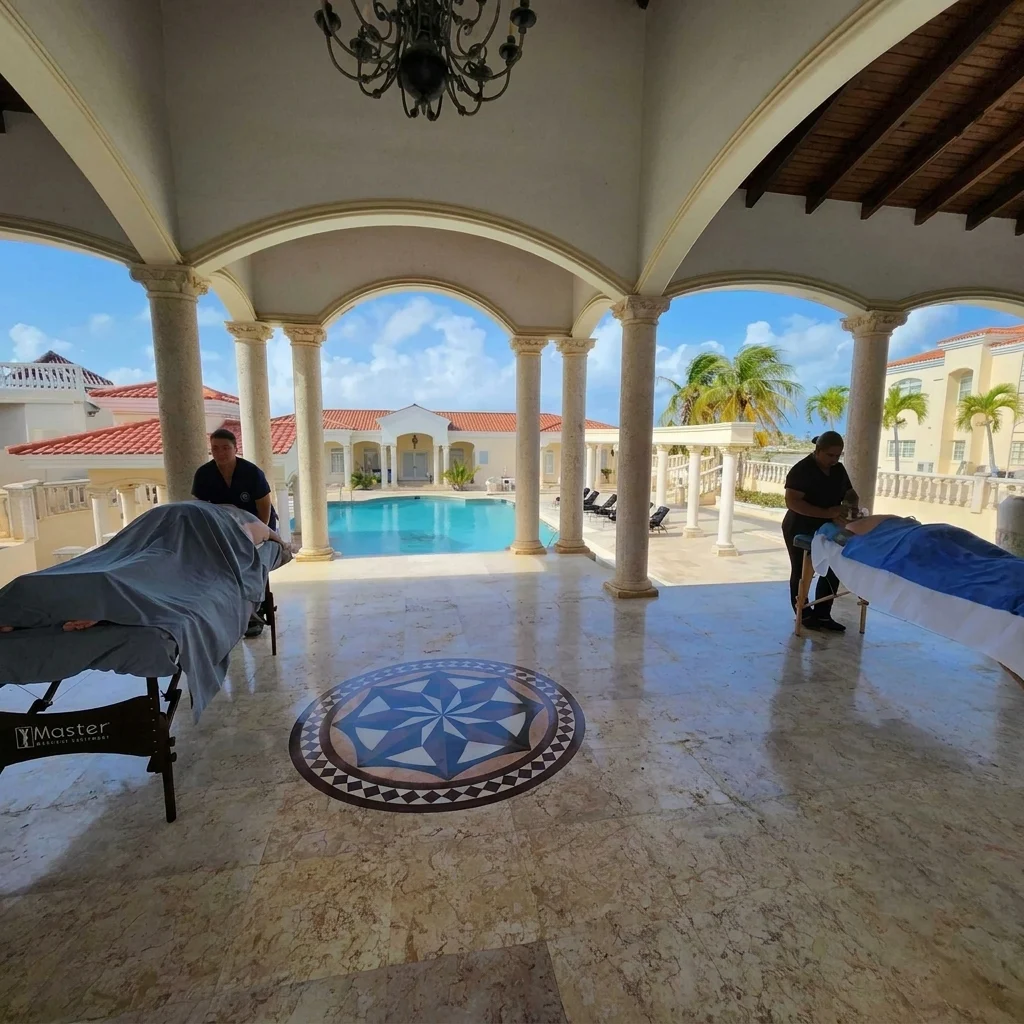 Massage table set up beside a private villa pool in Aruba